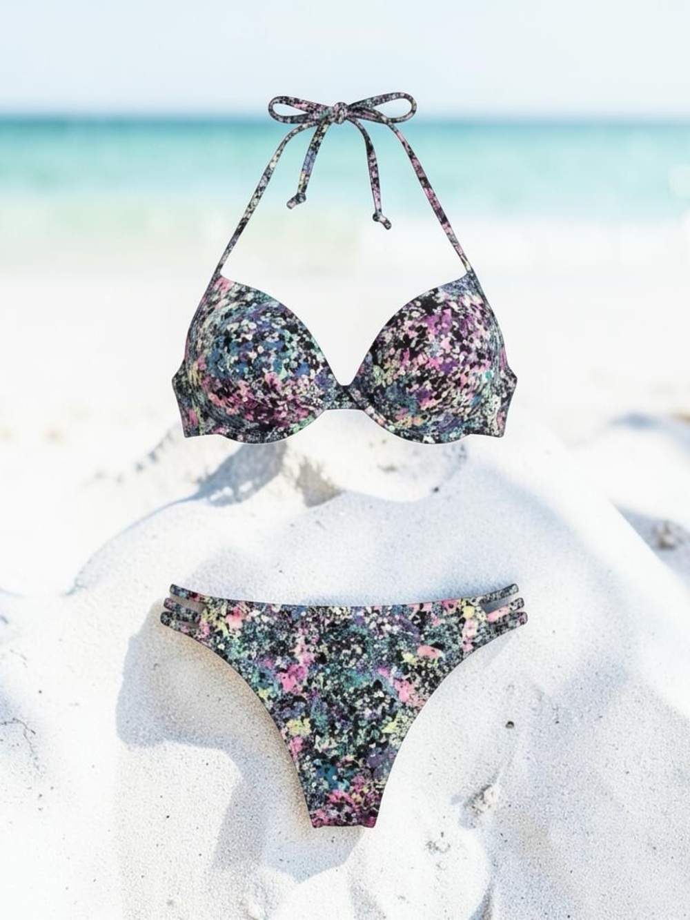 Floral Speckled Halter Bikini Set - Pink, Blue, Black